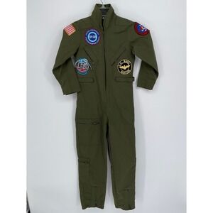 Top Gun Boy's Green Patch Pilot Flight Suit Halloween Costume Jumpsuit Size M